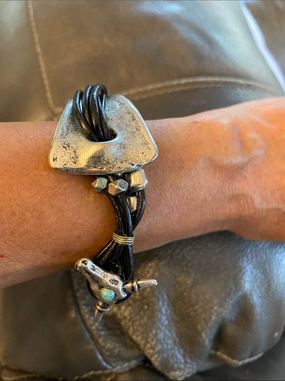 BNWT Silver Tone Skull Toggle Bracelet with Black Leather Cords